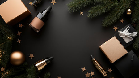 Elegant holiday gift arrangement with cosmetics and decorations on black backgroundの素材
