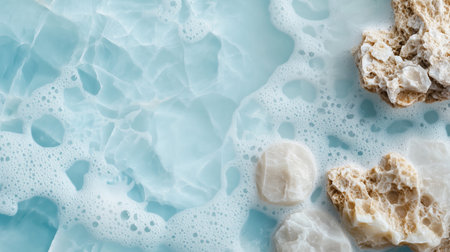 Clear turquoise water with soft waves and smooth stones along the shore creates a tranquil natural settingの素材