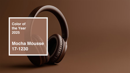 2025 color of the year is mocha mousse represented by stylish brown headphones on a simple backdropの素材