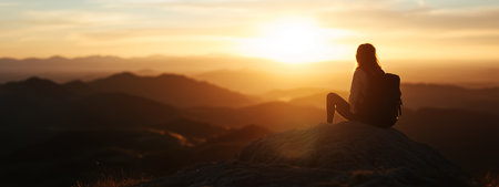 Hiker enjoys breathtaking sunset view from mountain peak with backpackの素材