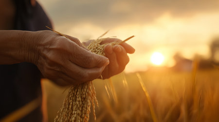 Golden fields at sunset as hands harvest ripe grain in a rural landscapeの素材