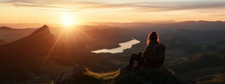 Watching the sunset over the river from a mountain peak during golden hourの素材