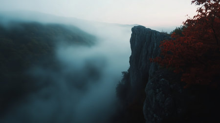 Misty mountain cliffs reveal hidden valleys at dawn with vibrant autumn foliageの素材