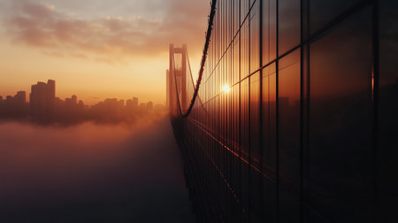 Sunrise over a city skyline with a bridge reflecting golden hues and misty surroundingsの素材