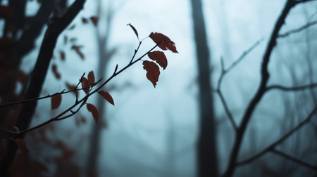 Foggy forest landscape with bare trees and autumn leaves during early morning hoursの素材