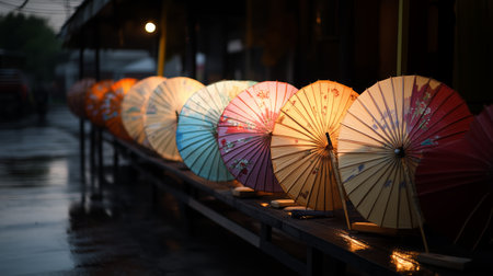 Colorful paper umbrellas illuminate a quiet street in the evening rain creating a serene atmosphereの素材