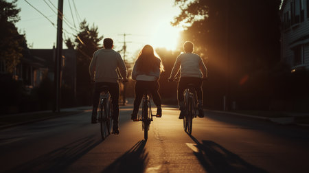 Bicyclists ride along a quiet street at sunset with warm golden light illuminating the sceneの素材