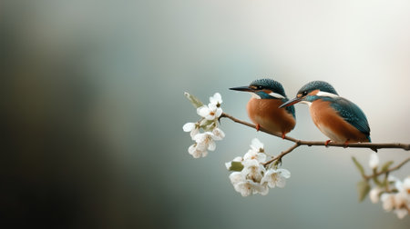 Two kingfishers perched on a cherry blossom branch during spring in a tranquil natural settingの素材