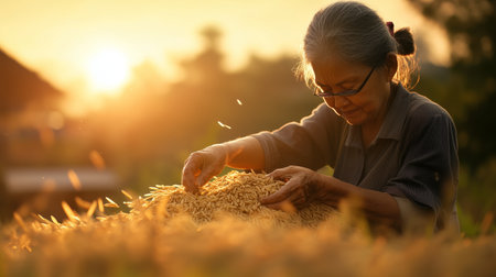 Elderly woman harvesting rice at sunset with golden light illuminating the fieldの素材