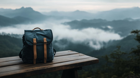 Backpack resting on a wooden table with misty mountains in the background during a cloudy day in natureの素材