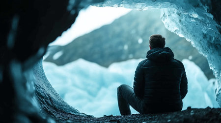 Man sits in a cave surrounded by ice, reflecting on the serene beauty of the glacier landscape during daytimeの素材