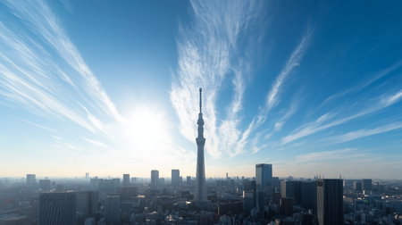 View of Tokyo Skytree under a clear blue sky with wispy clouds at sunsetの素材
