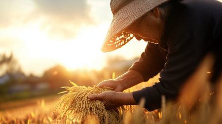 Farmer harvesting wheat at sunset in a golden field during the eveningの素材