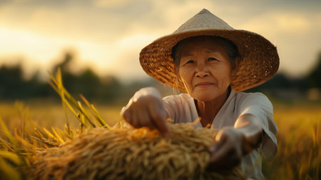 Elderly farmer harvesting rice while wearing a straw hat in a golden field at sunsetの素材