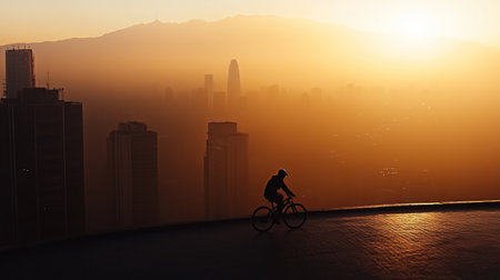 Biker enjoying a sunset ride over a city skyline with mountains in the backgroundの素材