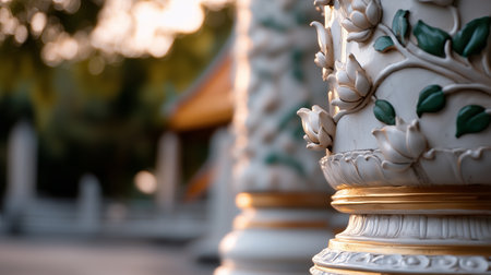 Intricate floral design on a temple pillar during sunset at a serene locationの素材