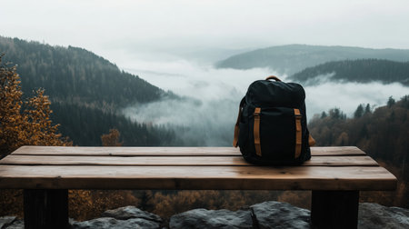 Scenic mountain view with a backpack resting on a bench amidst misty forest landscapeの素材