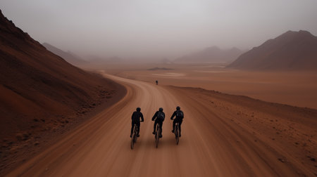 Mountain bikers navigate a rugged desert trail during an overcast dayの素材