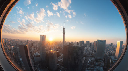 Stunning sunset over Tokyo skyline with the Tokyo Skytree and vibrant colors illuminating the cityscapeの素材