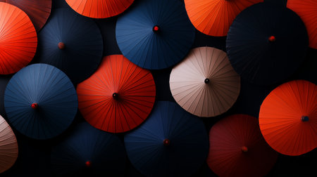 Colorful paper umbrellas arranged artistically against a dark background create a vibrant display for cultural gatheringsの素材