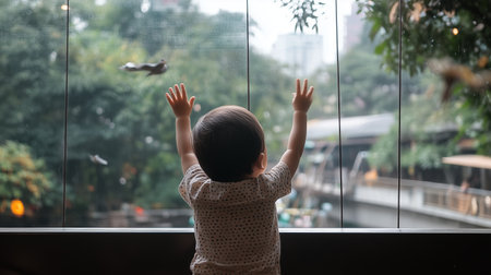 Child gazing out of a large window at a bustling cityscape and greenery during a cloudy dayの素材