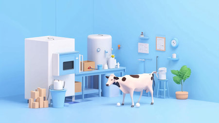Cute cartoon cow in a bright blue kitchen filled with farming utensils and decorの素材
