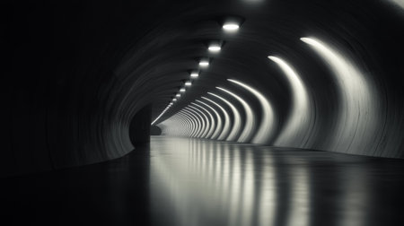 Curved concrete tunnel with bright lights reflecting on the wet floor at nightの素材