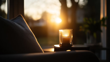 Candle illuminated by sunset light in a cozy indoor setting with warm atmosphereの素材