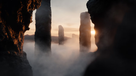 Misty sunrise over towering rock formations in a serene landscapeの素材