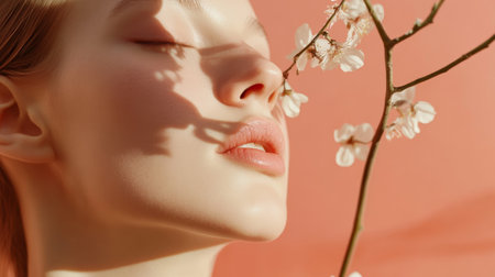 Woman with closed eyes enjoying the fragrance of cherry blossoms against a soft pink backgroundの素材