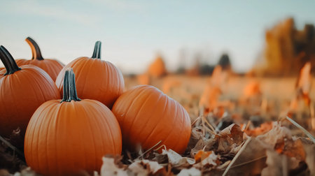 Bright orange pumpkins scattered across a sunlit autumn field surrounded by fallen leavesの素材