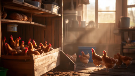 Chickens in a sunlit barn enjoying their time near wooden shelves and various farm suppliesの素材