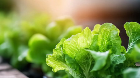 Fresh green lettuce growing in a sunny garden during the morning hours of spring seasonの素材