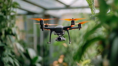 Drone hovering above plants in a greenhouse showcasing advanced technology for agriculture and gardeningの素材