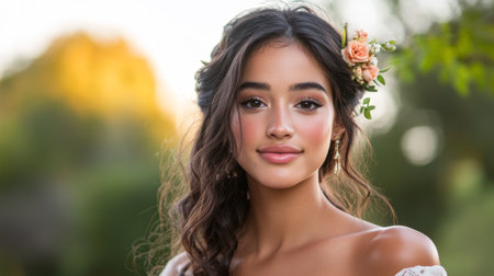 Young woman with a flower in her hair poses gracefully in a sunlit outdoor setting during a warm afternoonの素材