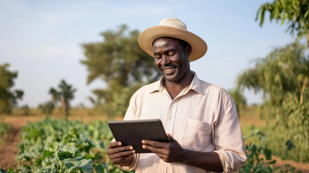 Farmer using tablet to manage crops in sunny field during middayの素材
