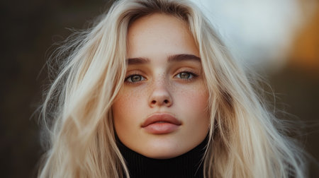 Young woman with long blonde hair gazes confidently at the camera during golden hour in a natural outdoor settingの素材