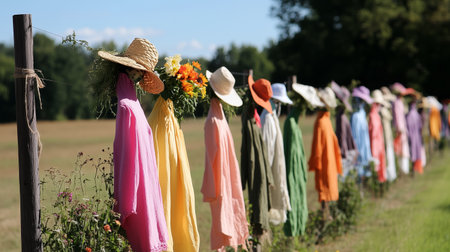 Colorful scarecrows lining a field with flowers and sunny blue skies in the backgroundの素材