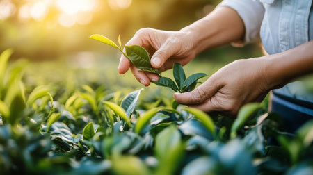 Hands carefully plucking tea leaves during the golden hour on a lush plantationの素材