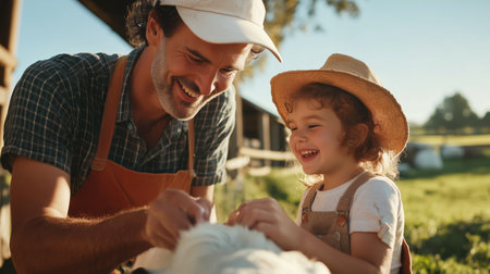 Father and daughter bond while taking care of a pet on a sunny day at their farmの素材