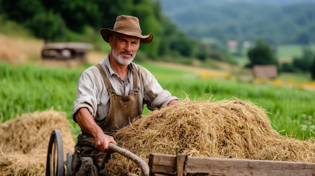Farmer transporting hay on a cart in a lush green field during the daytimeの素材
