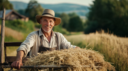 Smiling farmer working with hay in a sunny rural field during golden hour near a peaceful countryside settingの素材