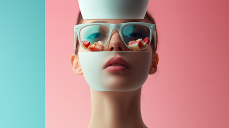 Creative portrait of a woman with a unique mask and oversized glasses against a colorful backgroundの素材