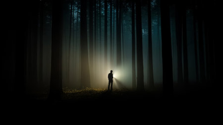 Mysterious figure exploring a dark forest with a flashlight during twilight hoursの素材