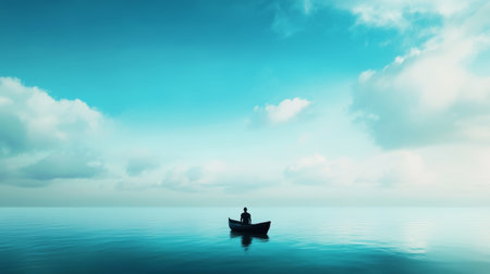 Calm waters and serene skies over a lone boat with a person floating peacefully in the ocean during daytimeの素材