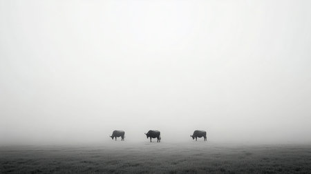 Three cows stand quietly in thick fog on a misty morning in an open pastureの素材