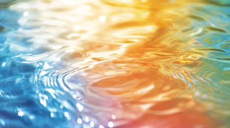 Vibrant reflections on water surface with colorful patterns and gentle ripples at sunsetの素材