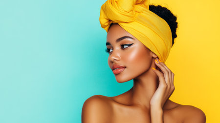 Woman with yellow head wrap poses against a vibrant background showcasing confidence and beauty in a modern settingの素材