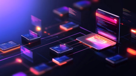 Visual representation of digital connectivity and data exchange with glowing devices in a futuristic settingの素材