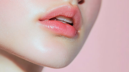 Close-up of a womans lips with soft pink makeup against a pastel background enhances beauty and eleganceの素材